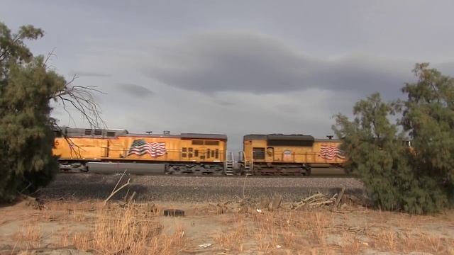 Локомотив везет длинный грузовой поезд в США. Америка.США.Поезд