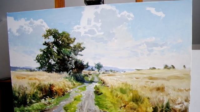 Живопись маслом. Учимся делать быстрый подмалевок пейзажа с пшеничным полем.