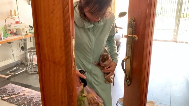 Monkey Puka pees and takes off his diaper waiting for Mom to come home