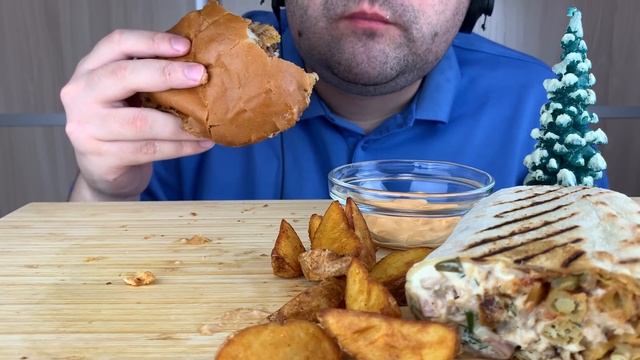 ASMR SHAWARMA KEBAB, SANDWICH WITH BEEF & FRIES POTATOES MUKBANG 먹방 EATING SOUNDS