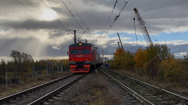 «По золотой осени!» Электропоезд ЭТ2М-103 на ст.Санкт-Петербург-Сорт.-Моск., октябрь 2025 года