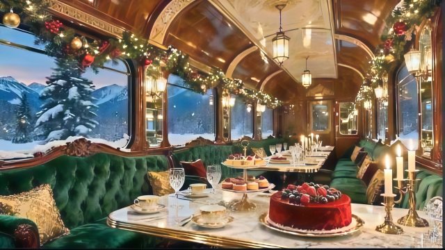 Фон для расслабления. С Рождеством и Новым годом. Рождественский поезд сквозь альпы