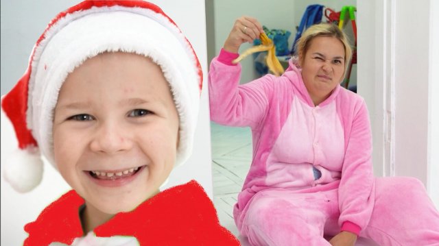 Ребенок проголадался ест бананы и бросает кожуру под ного мама падает