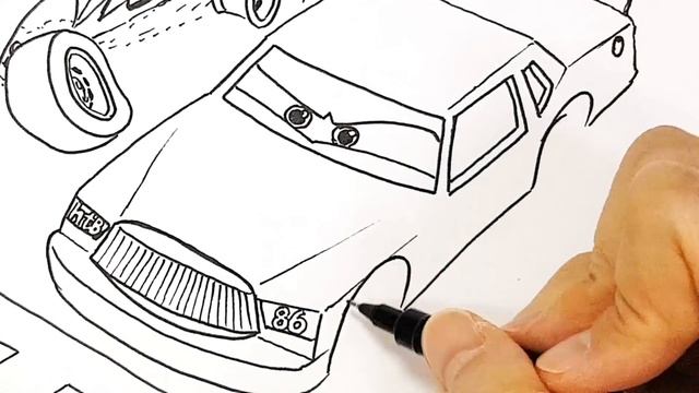 How to draw LIGHTNING McQUEEN's three-way tie with Strip The King Weathers and Chick Hicks in CARS
