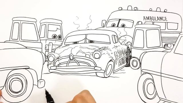 Draw CARS 3 Doc Hudson Crash Scene with the Rescue Team | Drawing and Coloring for Kids | Tim Tim T