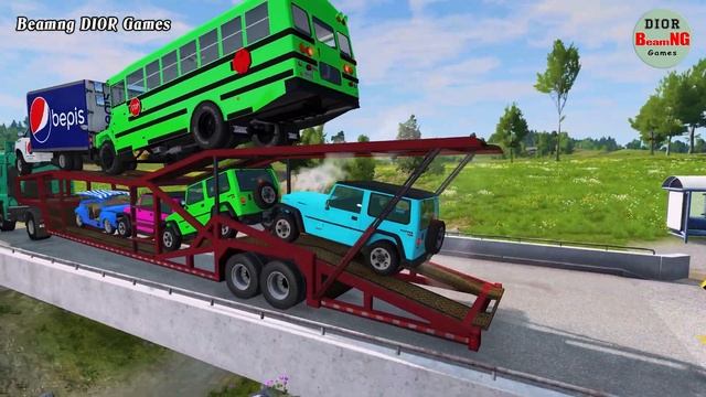 Double Flatbed Trailer Truck vs Train Tractor vs Train cars vs rails beamng dior games 613