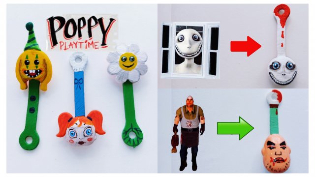 Переделанные скрепыши герои из компьютерных игр: Поппи Плейтайм, Человек за окном, Мистер Мит 2.