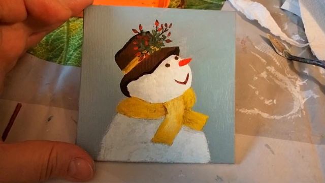 Miniature. Acrylique. Bonhomme de neige/ Snowman/ Снеговик - Снежная баба