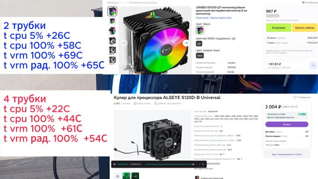 xeon 2680v4 тест с кулером с 2 и 4 медными трубкам