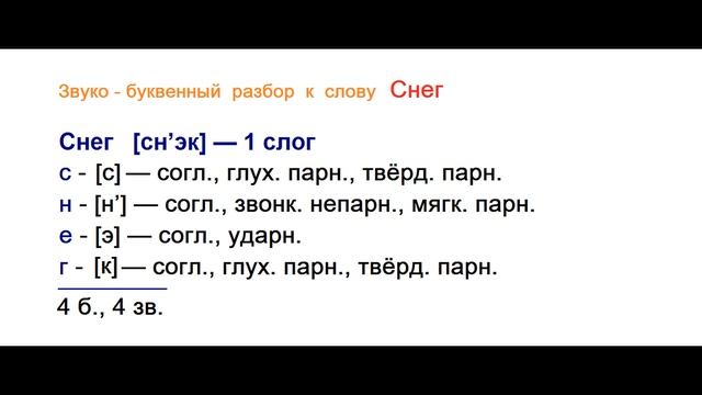 Звуко – буквенный (фонетический) разбор к слову Снег