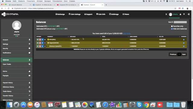 Cryptopia смотрим балансы и считаем потери