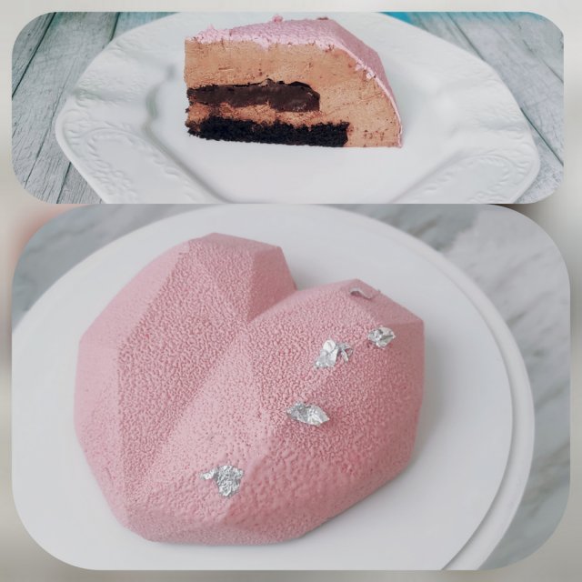 Шоколадный муссовый торт в силиконовой форме граненное сердце + покрытие шоколадным велюрлом.