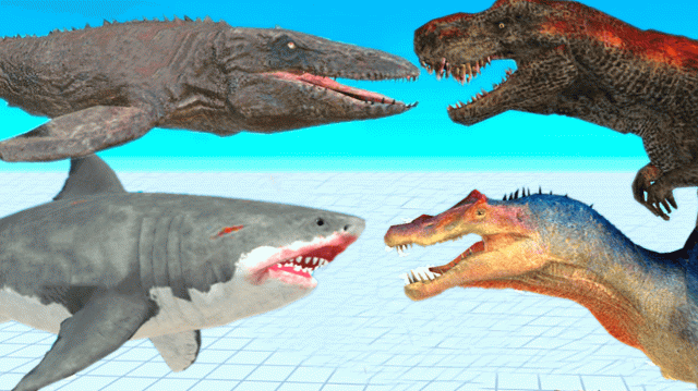 Мегалодон и Мозазавр против Тирекса и Спинозавра - Animal Revolt Battle Simulator