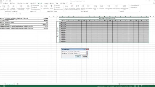Таблицы данных Excel