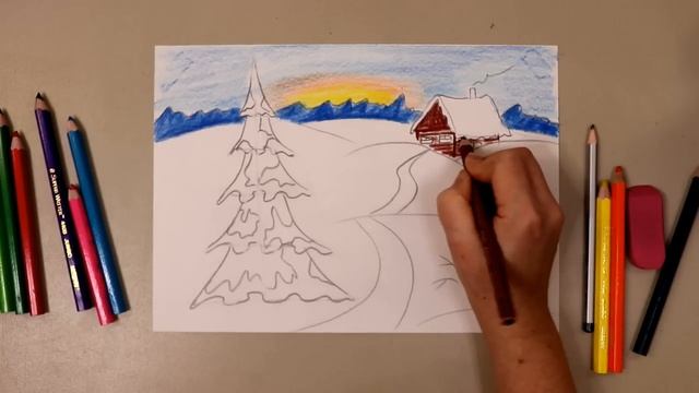 РИСУНОК ЗИМНИЙ ПЕЙЗАЖ ❄️?УРОК ИЗО⛄