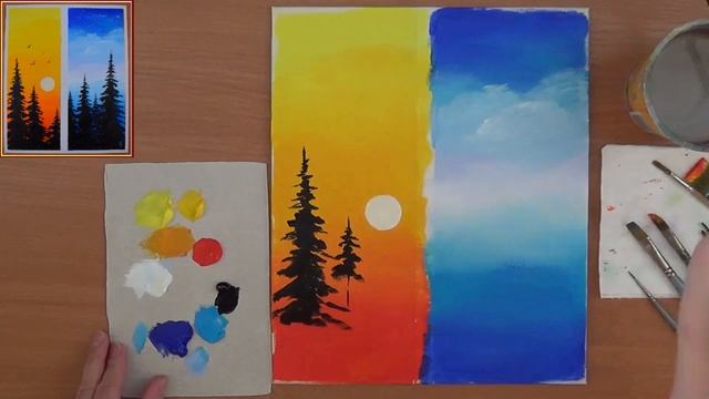 Как нарисовать простой пейзаж. Легкий пейзаж для детей. Акрил