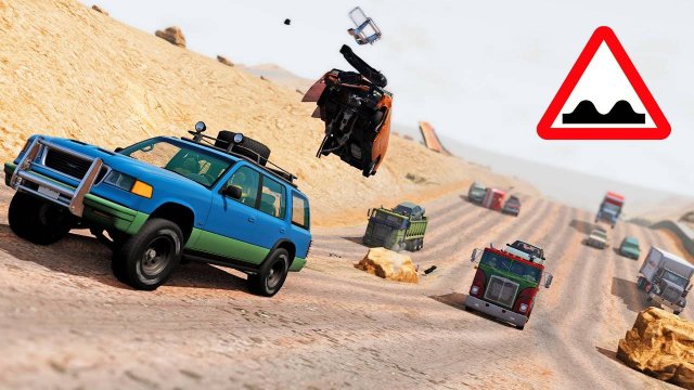 BeamNG Drive - Гонки и аварии На Длинной Волнистой Дороге в Пустыне