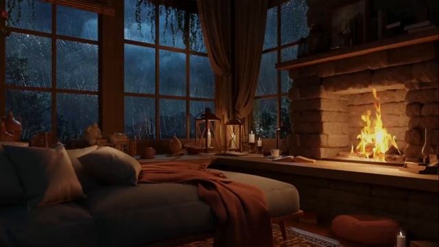 Уютный дождь за окном - Гроза и теплый камин | Звуки для глубокого сна, учебы и релаксации