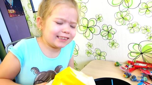 Lera and a cake made of harmful sweets for mom's birthday