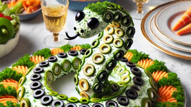 Салат Королевская змея - новогодний салат с грибами и куриным мясом 2025