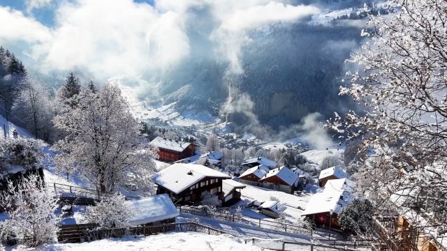 Венген, Швейцария 4K - самые красивые зимние направления, снежная прогулка в швейцарских Альпах