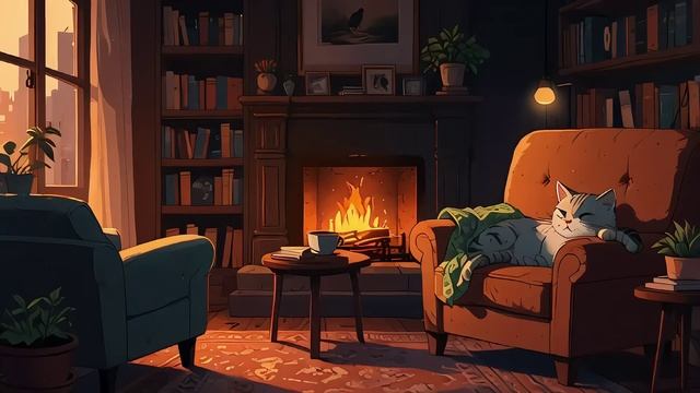 ☀️ Уютный камин и лофи  музыка☀️ расслабляющая