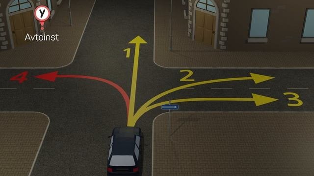 Теория ПДД онлайн. Экзаменационный вопрос. По какой траектории автомобиль может продолжить движение?