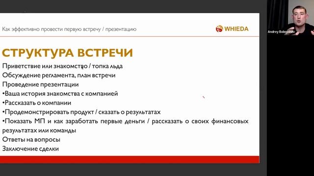 КАК ЭФФЕКТИВНО ПРОВЕСТИ 1 ВСТРЕЧУ 
( ПРЕЗЕНТАЦИЮ) /
АНДРЕЙ БОБРЫШЕВ #WHIEDA