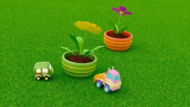 Машинки Мокас ищут цветные яйца и сажают цветы в саду – Развивающие мультфильмы для детей