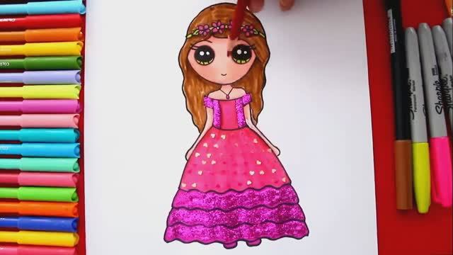 Как нарисовать куклу девочку кавай в праздничном платье с помощью блесток
