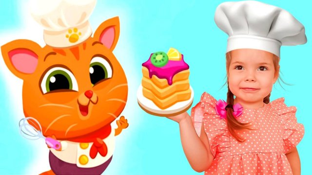 Котик Бубу готовит еду для виртуальных друзей | Настя и Bubbu вместе играют в игре