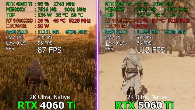 Сравнение RTX 5060 Ti 16 GB и RTX 4060 Ti 16 GB в 10 играх | 2К
