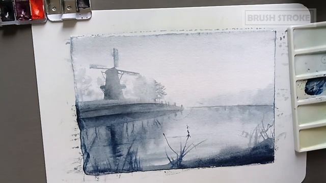 Рисуем мельницу туманным утром в монохроме акварелью | Ускоренное видео