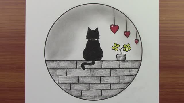 Как нарисовать Рисунок кошки и пейзажа — простой рисунок внутри круга