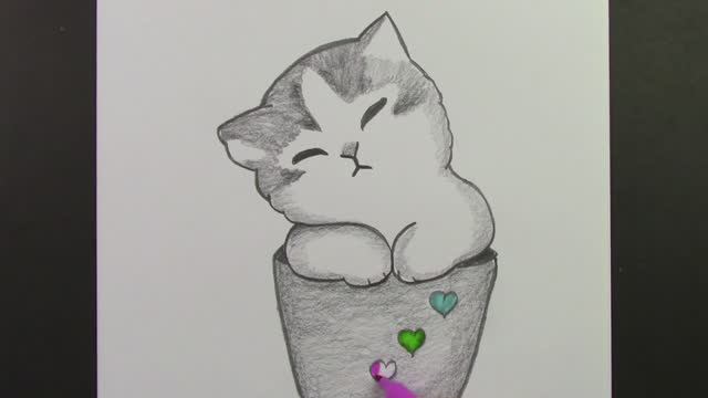 Милый котик в чашке: пошаговый урок рисования карандашом для начинающих