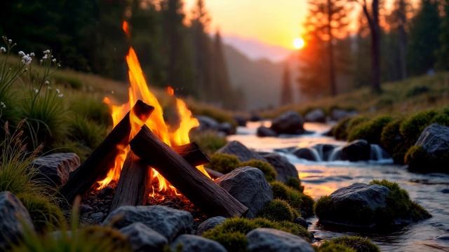 Костёр у ручья. Медитативная атмосфера природы: потрескивание костра, журчание ручья и птицы.