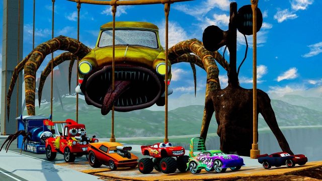 Большие и маленькие машины, против сломанного моста с сиреноголовым и пожирателем автомобилей