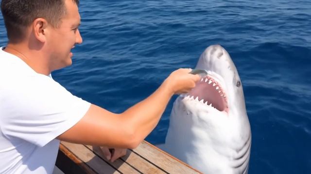 Мужик кормит акулу. Большая белая акула смотреть видео
