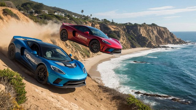 Мультики про машинки. Машины разгоняются и падают с обрыва на пляж. Часть 2