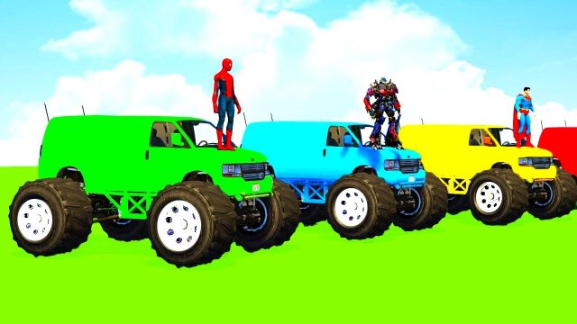 Мультики про машинки Человек-паук катается на монстр-траках и вертолётах. Мультики для детей.