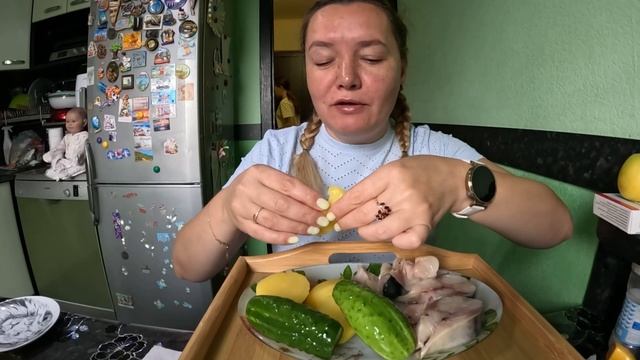 Огурцы маринованные, картошка, скумбрия в горчичной заливке. Мукбанг