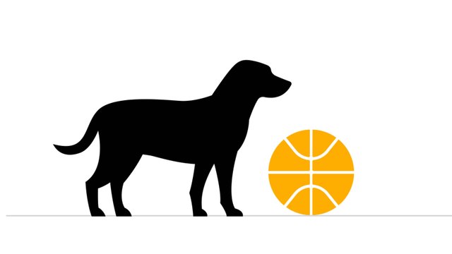 The dog is standing by the ball now.