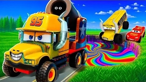 🌈 Трансформация радужной ямы: Большая и маленькая Молния Маккуин и Мама против машин