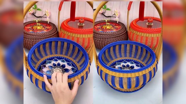 Корзина из ротанга с приподнятым донышком и ажурной ручкой. Часть вторая