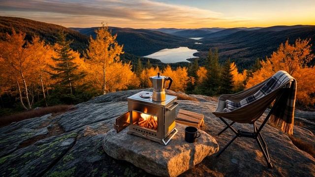 Золотой час кофе в горах ☕ Потрескивание печи и далёкое озеро для сна и вдохновения