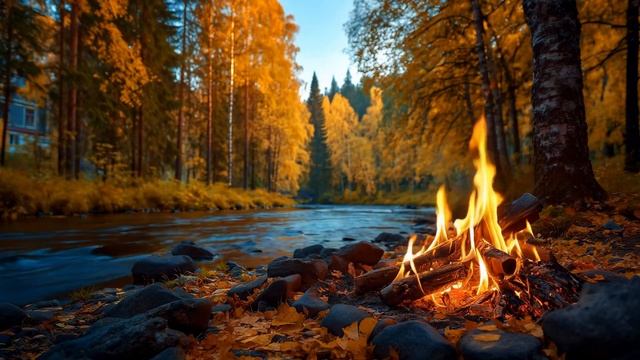 Ты сидишь в Осеннем лесу у согревающего костра, Тебя окружает свежесть реки и аромат опавших листьев