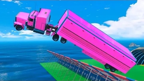 Разноцветные грузовики прыгают по пандусам в воду 🚛GTA 5 Caminhões Coloridos в Пуле и на пандусах в