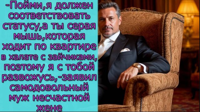 - Я должен соответствовать статусу, а ты серая мышь,поэтому я с тобой развожусь,- заявил муж жене