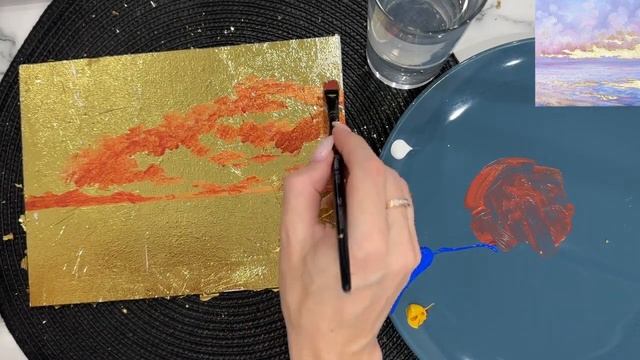 Как нарисовать закат акрилом | Романтичный пейзаж с золотом для души