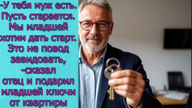 - У тебя муж есть. Это не повод завидовать.,- сказал отец и подарил младшей ключи от квартиры